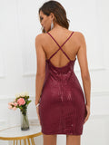 Women Evening Gown Sexy Backless Retro Spaghetti Straps Sequins Dress