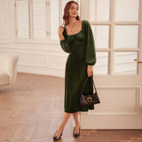Women Dress Autumn Winter Retro Slim Fit Square Collar Long Sleeve Velvet Dress