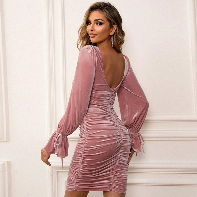 Women Dress Retro Square Collar Slim Fit Hip Skirt Sexy Velvet Dress
