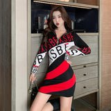 Women Maxi Dress Autumn and Winter Long Sleeve Letter Sweaters Striped Dress