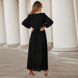 Women Date Dress Autumn and Winter V-neck Long Sleeve Pleated Dress