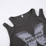 Women T-shirt Butterfly Print Slim-Fit Ribbon Thread Vest