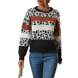 Women Knitted Sweater Casual Leopard Print Long Sleeve Sweater