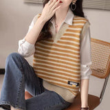 Women Knitted Pullover Autumn and Winter Knitting Female Striped V-neck Loose-Fitting Waistcoat