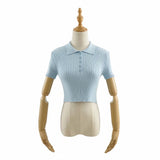 Women Sweater Knitwear Vintage Polo Lapel Single Breasted Thread Exposed Navel Knitted T-shirt