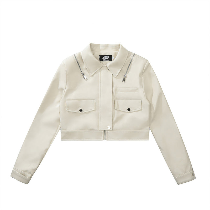 Women Jacket PU Leather Coat Lapel Short Leather Jacket