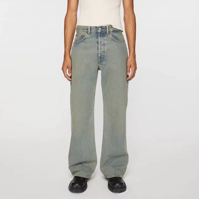 MIJKO Men's Vintage Pants MIJKO Men's and Women's Washed Faded Old Straight Denim Trousers