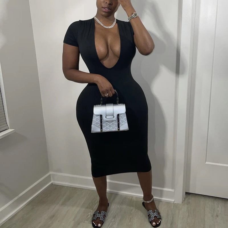 Women Dresses Spring Sexy U Collar Slim Fit Short Sleeve Sheath Dress
