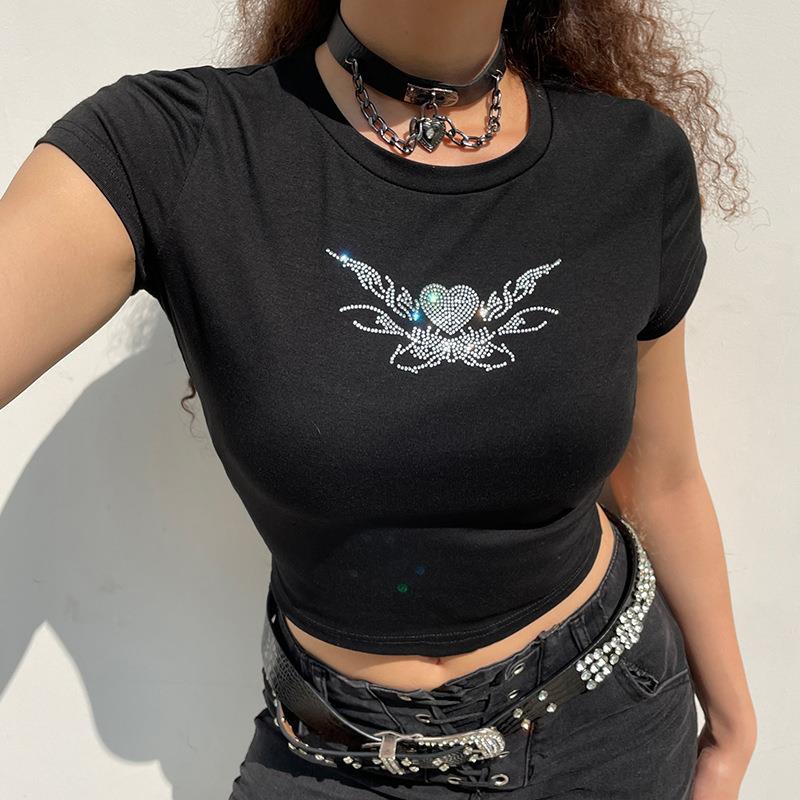 Women T-shirt Summer Sexy Hot Drilling Women's Cropped Top T-shirt