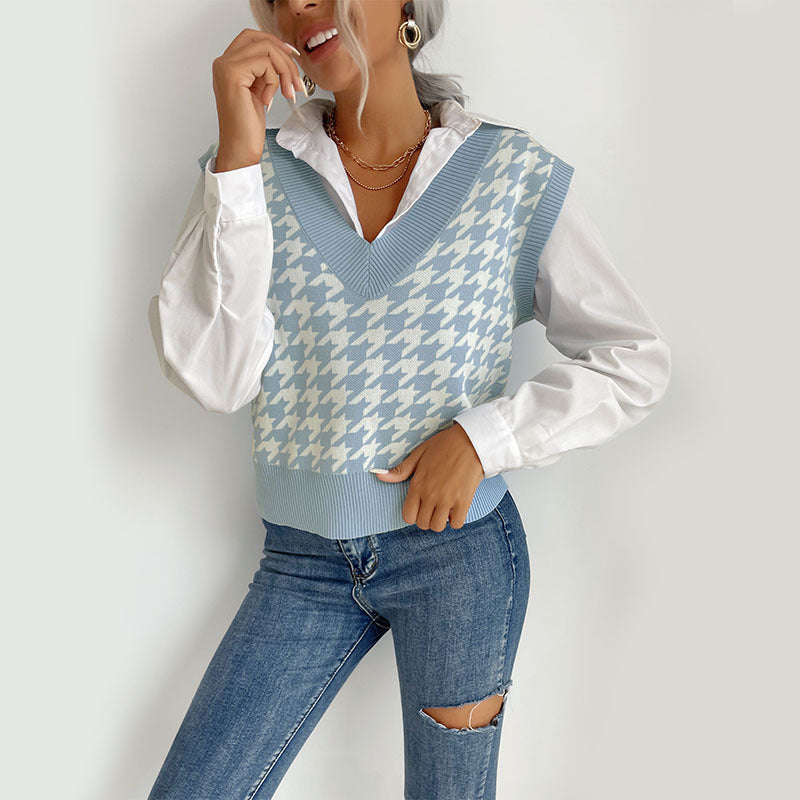Women Knitted Sweater Autumn Houndstooth V-neck Sweater Vest Knitted Vest