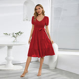 Women Date Dress V-neck Pleated Lace-up Dress