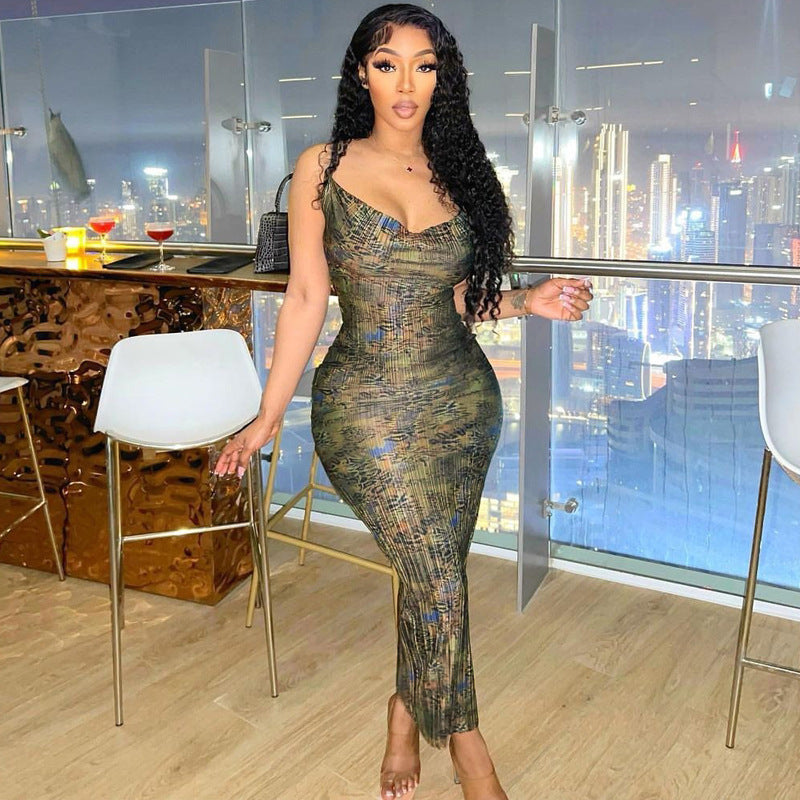Women Dresses Summer Sexy Printed Slim Fit Backless Sheath Dress