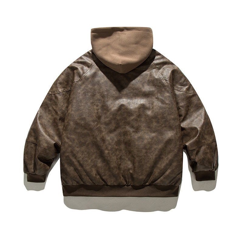 Unisex Winter Cotton Coat down Jacket Retro Loose PU Leather down Jacket