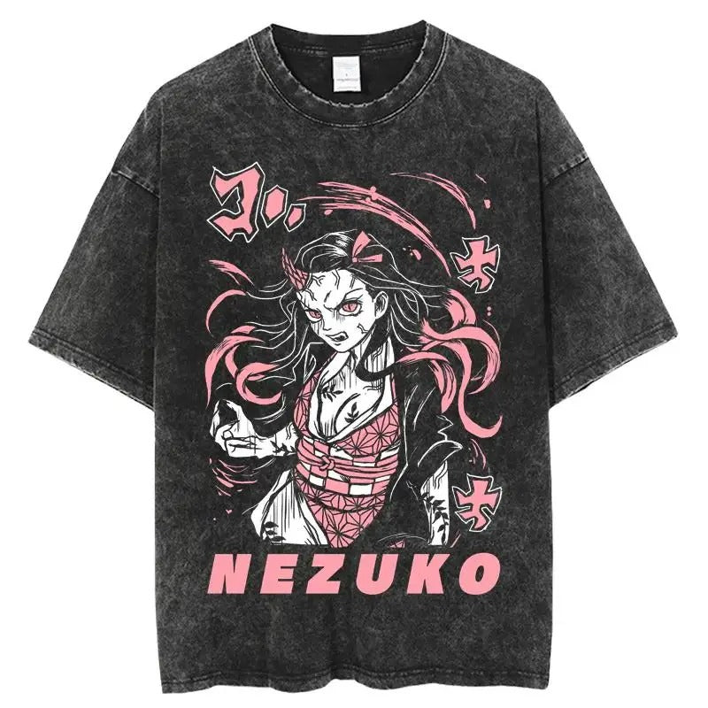 2024Anime Print Japanese Manga Washed T-Shirt Worn Cotton