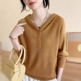 Women Knitted Pullover Autumn Hooded Knitwear Loose Thin Casual Long Sleeve Top