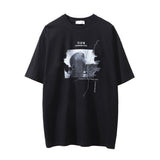 Men Vintage T-shirt Portrait Printing Distressed Short Sleeve T-shirt Casual Washed Half Sleeve