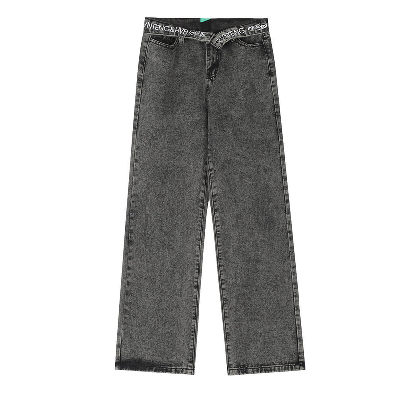 Women Pants Flanging Letter Embroidered Jeans Straight-Leg Pants