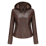 Red Leather Jacket Spring and Autumn Hooded Leather Coat Women's Detachable Hat Windproof Jacket