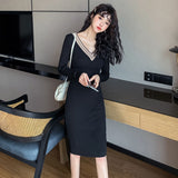 Women Maxi Dress Autumn and Winter V-neck Slim-Fitting Simple Knitted Sweater Sheath Dress