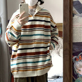 Women Knitwear Autumn and Winter Color Striped Lapel Sweater Loose Knitted Cardigan