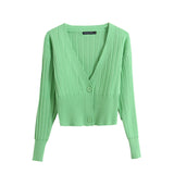 Women Sweater Knitwear V-neck Tight Waist Retro Lantern Sleeve Short Sweater Long-Sleeve Cardigan Sweater Women's Coat