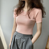 Women Knitted T-shirt Autumn Knitted Short Sleeve Retro Slim T-shirt