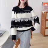 Women Knitwear Autumn and Winter Striped Tassel round Neck Sweater Loose Sweater