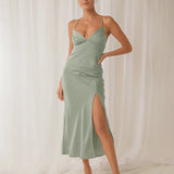 Women Dress Sexy Green Satin V-neck Strap Dress
