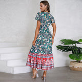 Women Date Dress Summer V-neck Ruffle Vintage Floral Beach Dress