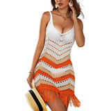 Women Knit Beach Cover Bikini Blouse Summer Knitted Beach Sun Protection Clothing Tassel Striped Vest Skirt