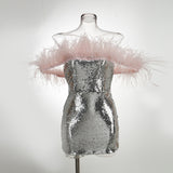 Women Dresses Sexy off-the-Shoulder Feather Dress Hip Skirt Dress (Zns0409)