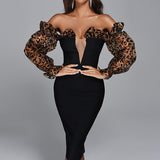 Women Evening Dress Leopard Print Dress Sexy off-the-Shoulder Puff Sleeves Dress