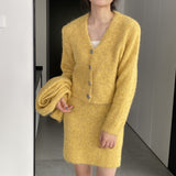 Women Knitted Two-Piece Set Cardigan Skirt Scarf Three-Piece Set Button Knitted Sweater Casual Suit 1t8852