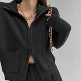 Women Knitwear Autumn Winter Retro Zipper and Lapel Sweaters Cardigan