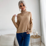 Women Knitted Sweater Turtleneck Solid Color Long Sleeve Twist off-Shoulder Sweater