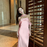 Women Dresses Summer Slim Fit Long Dress Satin off-the-Shoulder Dress
