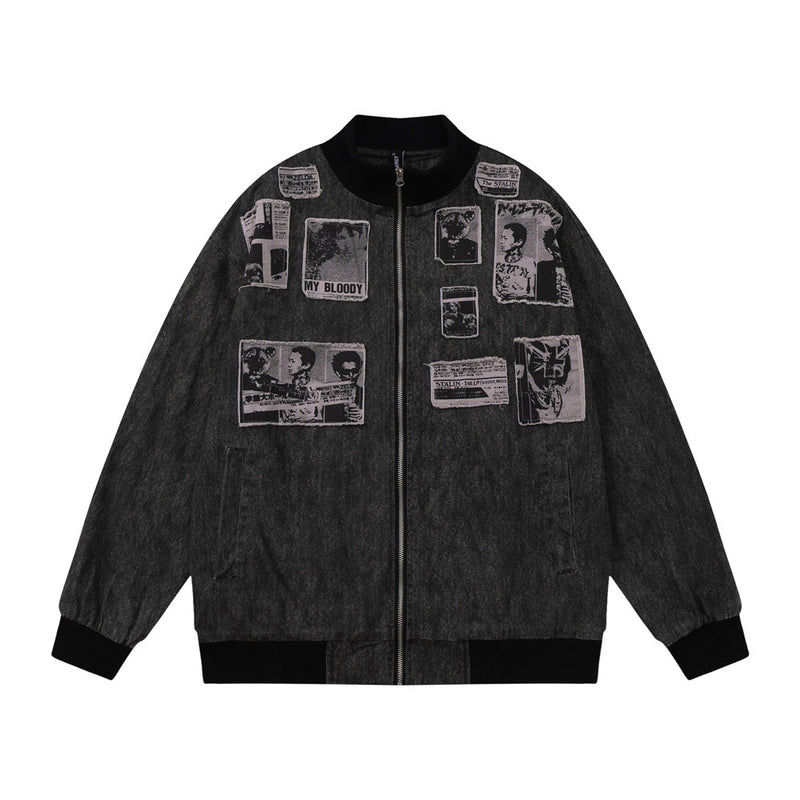 Men Jacket Coat Patch Stand Collar Denim Jacket Loose Spring and Autumn Baseball Uniform Jacket
