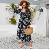 Women Date Dress Autumn and Winter Leisure Floral Print Long Sleeve Lace up Casual Dress Maxi Dress