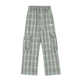 Men Sweatpants Plaid Casual Working Pants Loose Pockets Wide-Leg Straight Trousers