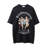 Men Vintage T-shirt Angel Print Men's Short Sleeve T-shirt Washed and Worn round Neck