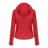Red Leather Jacket Spring and Autumn Hooded Leather Coat Women's Detachable Hat Windproof Jacket