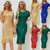 Women Date Dress round Neck Vintage Sequined Tassel Evening Dress