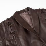 Women Tops Spring Retro Coffee Color Brown Leather Coat V-neck Lace-up Top