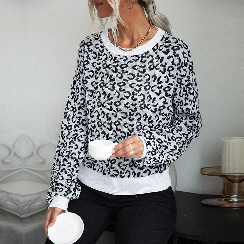 Women Knitted Sweater Casual Autumn Leopard Print Long Sleeve