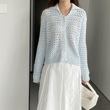 Women Cardigan Sweater Hollow out Sweater Cardigan Polo Collar Top Coat X3009