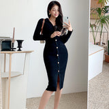 Women Maxi Dress Fall/Winter Slim Mid-Length Knitted Single-Breasted Sweater Dress