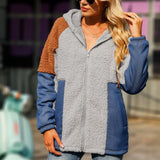 Women Trench Coat Autumn Long Sleeve Loose Pockets Zipper Mid-Length Bubble Fleece Patchwork Denim Jacket