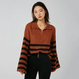 Women Sweater Knit Wear Zipper Striped Sweater Autumn and Winter Turtleneck Knitted Cardigan