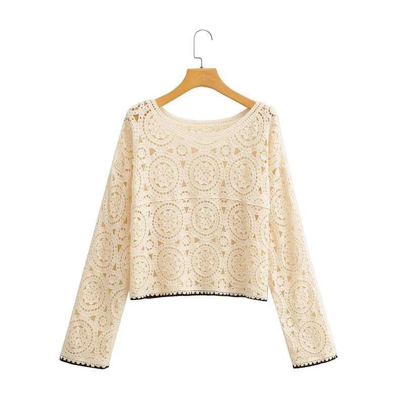 Women Sweater Knitwear Cutout Blouse Short Midriff Outfit Sun Protection Shirt Long Sleeve Bohemian Pullover Sweater