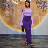 Women Co-Ord Set Sexy Backless Slim Fit Two Suit off-the-Shoulder Flared Sleeves Sheath Dress Suit